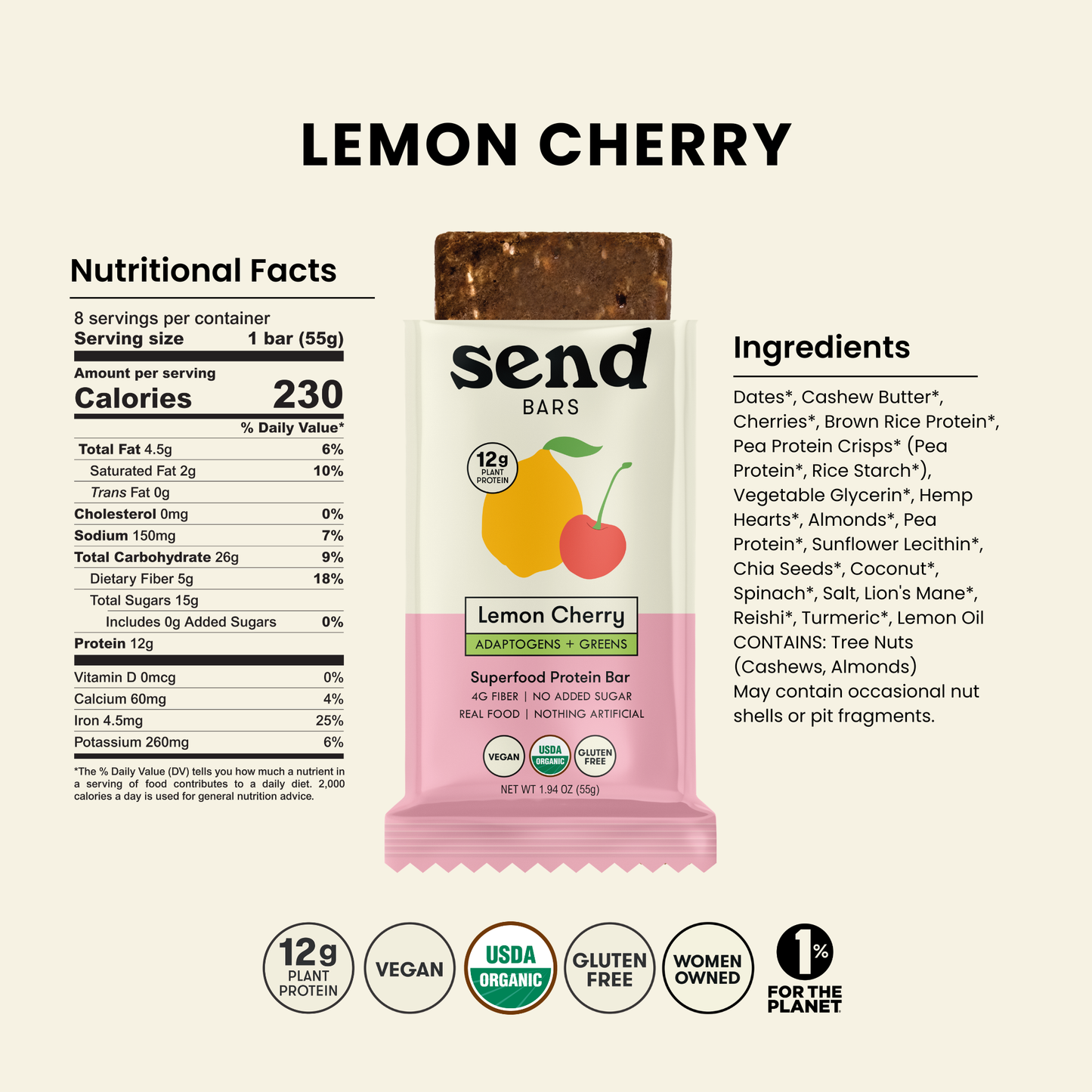 Organic Lemon Cherry Energy Bar — Send Bars