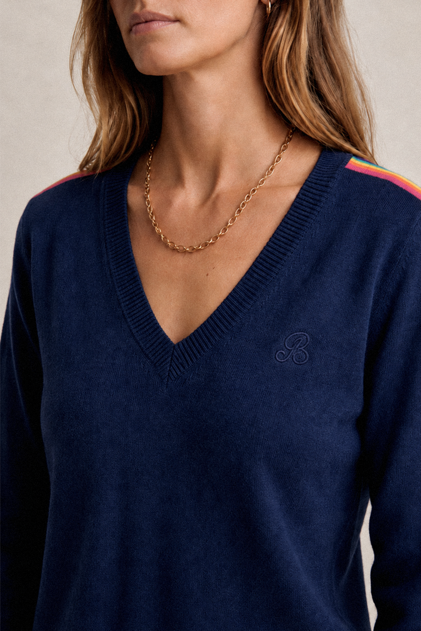 SUKI RAINBOW V NECK SWEATER - DRESS BLUE — ST. BERT’S