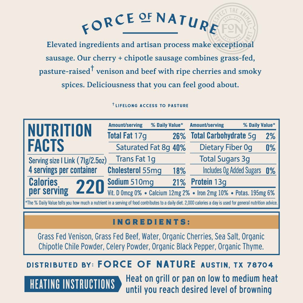 Grass Fed Venison & Beef Sausage with Cherry & Chipotle — Force of Nature Meats