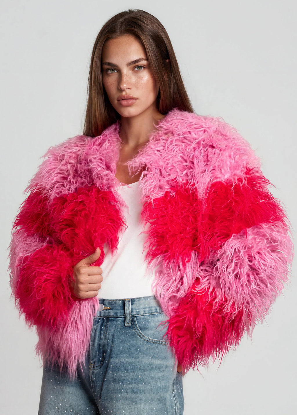 Colorblock Shaggy Faux Fur Jacket — Kate Hewko