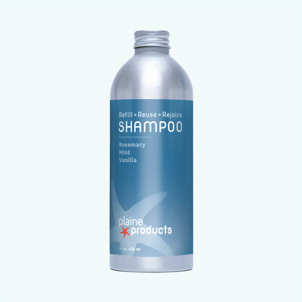 Plaine Products Shampoo in refillable aluminum bottle
